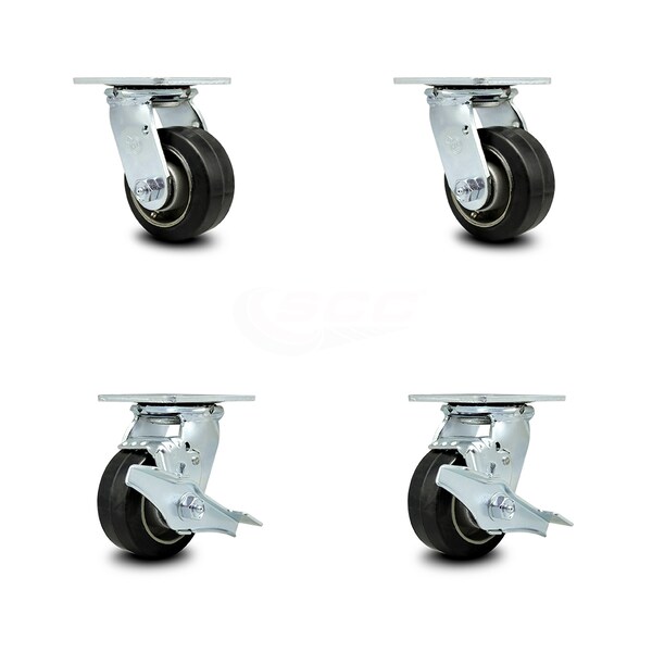 4 Inch Rubber on Aluminum Swivel Caster Set with Roller Bearing 2 Brake SCC